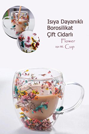 Isıya Dayanıklı Borosilikat Çift Çidarlı Çiçekli Bardak | Çiçekli Kahve Sunum Bardağı 250 ML