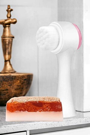 2'li Cilt Bakım Kabak Lifli Keçi Sütü Çilekli Sabun Çift Taraflı Yüz Temizleme Fırçası
