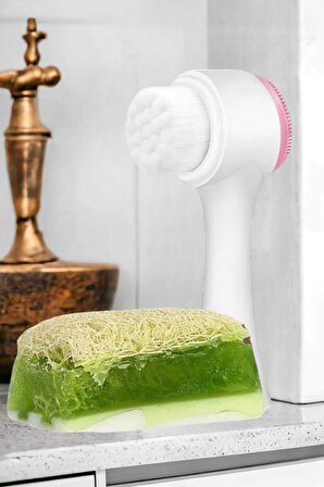 2'li Cilt Bakım Kabak Lifli Keçi Sütü Aloe Vera Sabun Çift Taraflı Yüz Temizleme Fırçası