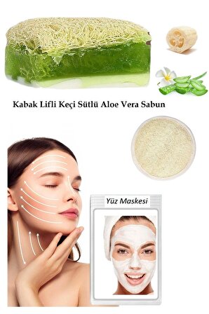 3'lü Set Kabak Lifli Yüz Pedi Kabak Lifli Keçi Sütlü Aloevera Sabun Canlandırıcı Cilt Bakım Maske