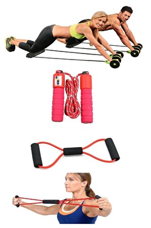 3'lü Set Göbek Eritme Fitness Spor Aleti Sayaçlı Atlama İpi Kas Germe Güçlendirme Direnç Lastiği