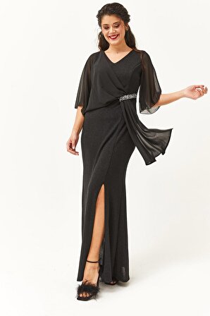 Kadın Büyük Beden Asimetrik Şifon Detay Uzun Siyah Abiye & Davet Elbisesi