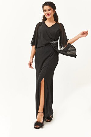 Kadın Büyük Beden Asimetrik Şifon Detay Uzun Siyah Abiye & Davet Elbisesi