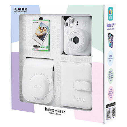 Instax mini 12 Beyaz Fotoğraf Makinesi 10'lu Film Kare Albüm ve Deri Kılıf Bundle Box