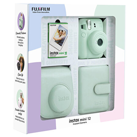 Instax mini 12 Yeşil Fotoğraf Makinesi 10'lu Film Kare Albüm ve Deri Kılıf Bundle Box