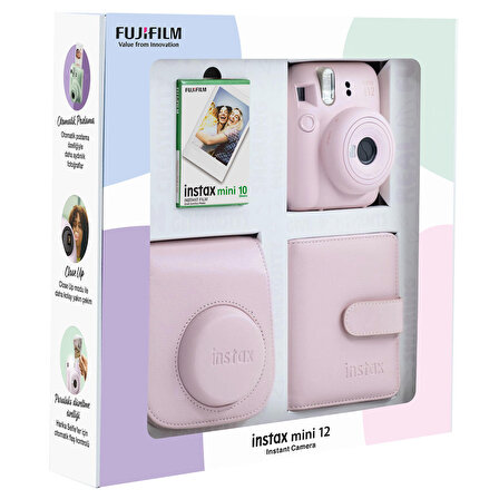 Instax mini 12 Pembe Fotoğraf Makinesi 10'lu Film Kare Albüm ve Deri Kılıf Bundle Box