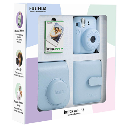 Instax mini 12 Mavi Fotoğraf Makinesi 10'lu Film Kare Albüm ve Deri Kılıf Bundle Box