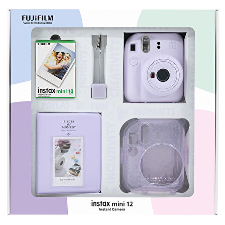 Instax mini 12 Lila Fotoğraf Makinesi 10'lu Film Simli Pleksi Kılıf PVC Albüm ve Kıskaçlı Resim Standı Bundle Box