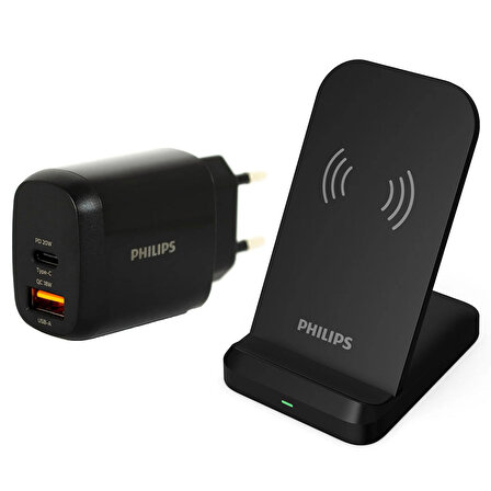 Philips Siyah 15W Kablosuz Dikey Hızlı Şarj Standı ve USB-A ve USB-C 20W PD Hızlı Şarj Adaptörü-DLP4326CB-DLP9212