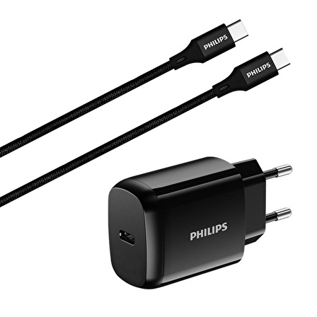 Philips Siyah 25W USB-C Duvar Şarj Adaptörü ve Siyah Örgülü Type-C Kablo 1M