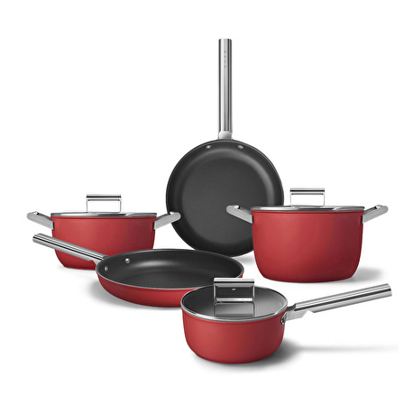 Smeg Cookware 50's Style Prima Plus 5'li Kırmızı Tencere&Tava Seti