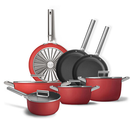 Smeg Cookware 50's Style Kırmızı Grande Plus 7'li Tencere&Tava Seti