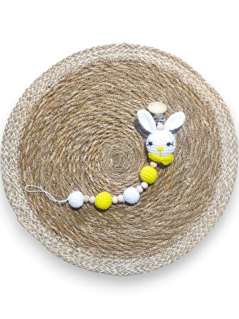 Amigurumi Sarı Hediyelik Tavşan,Emzik Zinciri,Çıngırak Uyku Arkadaşı Set