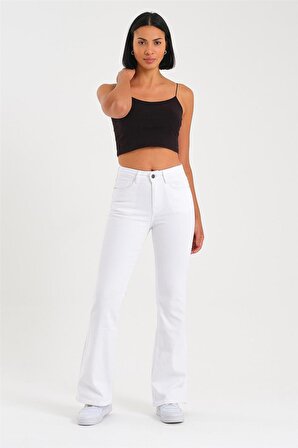 Kadın Beyaz Likralı Yüksek Bel Flare Jeans