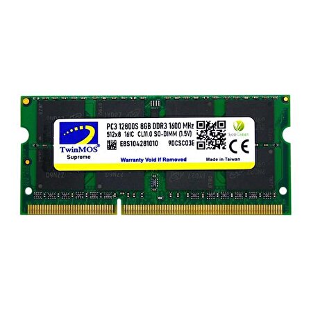 TwinMOS MDD38GB1600N 12800S 8 GB DDR3 1600 MHz CL11 Notebook Ram
