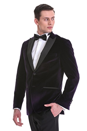 Mor Slim Fit Düz Sivri Yaka Kadife Klasik Smokin Damatlık | 50