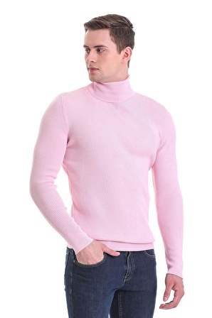 Pembe Slim Fit Fitilli Balıkçı Yaka Yünlü Triko Kazak | XXL