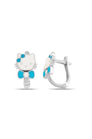Hello Kitty Mavi Kedi Tasarım 925 Ayar Gümüş Kız Çocuk Küpe
