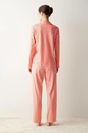Base Rosy Stripes Gül Rengi Gömlek Pantolon Pijama Takımı