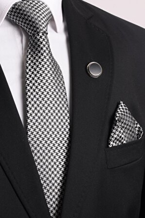 Esgue 7.5 cm Siyah Beyaz Desenli Kravat Mendil Broş Hediye Seti
