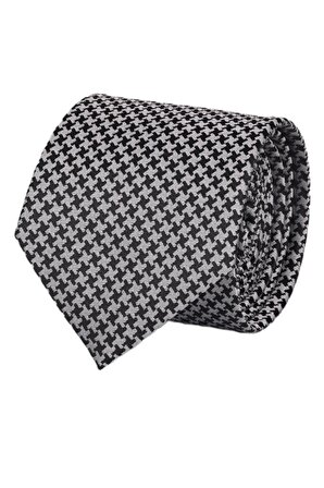 Esgue 7.5 cm Siyah Beyaz Desenli Kravat Mendil Broş Hediye Seti