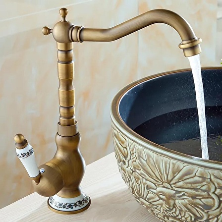 Lavabo Antik Mutfak Eviye Bataryası Eskitme Vintage Sıcak Soğuk Rustik Gold