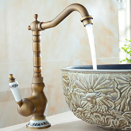 Lavabo Antik Mutfak Eviye Bataryası Eskitme Vintage Sıcak Soğuk Rustik Gold