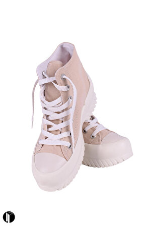 Kadın Bej Rahat Kalıp Keten Bilekli Günlük Spor Kalın Tabanlı -5cm- Bağcıklı Sneaker Ayakkabı