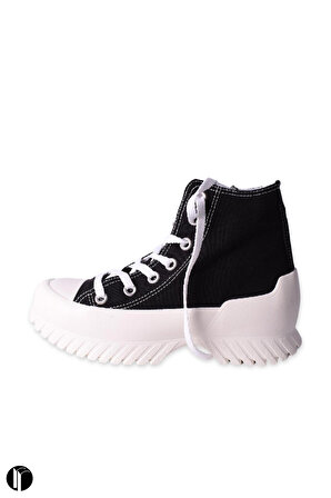 Kadın Siyah Rahat Kalıp Keten Bilekli Günlük Spor Kalın Tabanlı -5cm- Bağcıklı Sneaker Ayakkabı