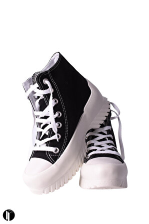 Kadın Siyah Rahat Kalıp Keten Bilekli Günlük Spor Kalın Tabanlı -5cm- Bağcıklı Sneaker Ayakkabı