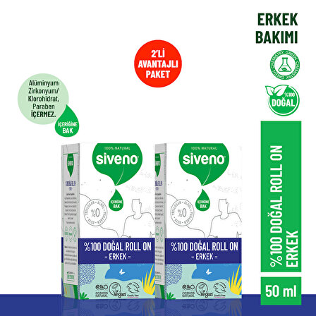 Siveno  %100 Doğal Roll-On Erkek Deodorant Ter Kokusu Önleyici Bitkisel Leke Bırakmayan Vegan 50 ml X 2 Adet