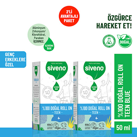 Siveno %100 Doğal Roll On Teen Blue Genç Erkek Deodorant Ter Kokusu Önleyici Bitkisel Lekesiz Vegan 50 ml X 2 Adet