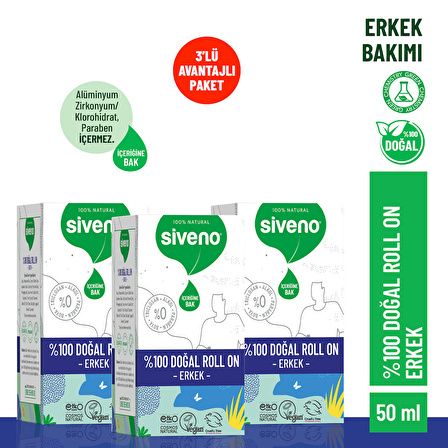 Siveno %100 Doğal Roll-On Erkek Deodorant Ter Kokusu Önleyici Bitkisel Leke Bırakmayan Vegan 50 ml X 3 Adet