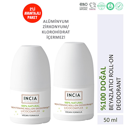 INCIA %100 Doğal Roll On Deodorant Beyazlatıcı Ter Kokusu Önleyici Lekesiz 50 ml X2 Adet