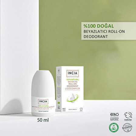 INCIA %100 Doğal Roll On Deodorant Beyazlatıcı Ter Kokusu Önleyici Lekesiz 50 ml X2 Adet