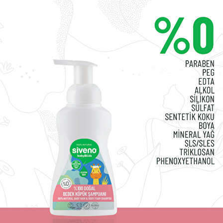 Siveno %100 Doğal Bebek Köpük Şampuanı Yenidoğan Saç ve Vücut İçin Nemlendirici Bitkisel 250 ml X 2 Adet