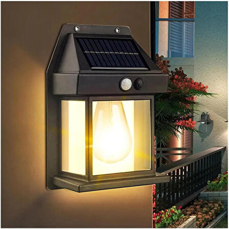 Pazariz Güneş Enerjili Hareket Sensörlü Rustik Ampül Duvar Lambası Aydınlatma Aplik Işık Siyah 1 Ad