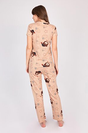 Kadın Kısa Kollu Pamuklu Ayıcıklı Çilekli Kahverengi Desenli Pijama Takımı