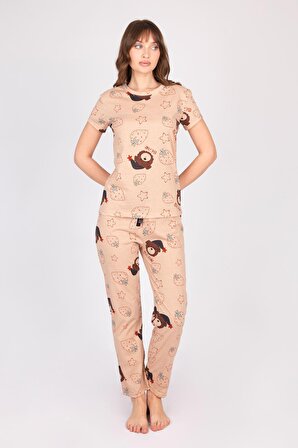 Kadın Kısa Kollu Pamuklu Ayıcıklı Çilekli Kahverengi Desenli Pijama Takımı