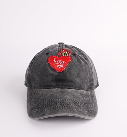 Perlotus Love Kalp Nakışlı Pamuklu Yıkamalı Siyah Şapka
