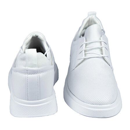Beyaz Renk İğne Baskı Görünümlü +7cm Boy Uzatan Gizli Topuklu Erkek Spor Ayakkabı Sneaker