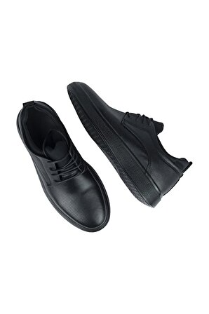 Siyah Renk İğne Baskı Görünümlü +7cm Boy Uzatan Gizli Topuklu Erkek Spor Ayakkabı Sneaker