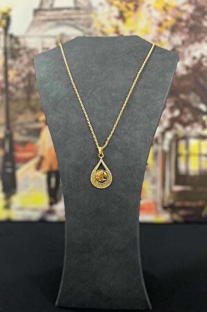 Altın Kaplama Damla Tasarım Madalyon Kolye 60 cm