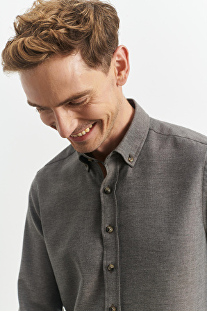 Erkek Kahverengi Slim Fit Dar Kesim Düğmeli Yaka Flanel Oduncu Gömlek