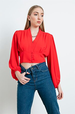 Lafaba Kadın Kırmızı Crop Bluz