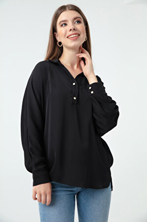 Kadın Siyah Gömlek Yaka Bluz