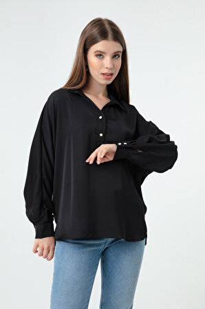 Kadın Siyah Gömlek Yaka Bluz