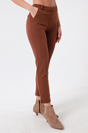 Kadın Kahverengi Yüksek Bel Kumaş Pantolon