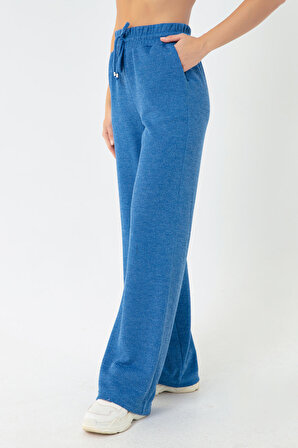 Kadın Mavi Beli Lastikli Örme Pantolon