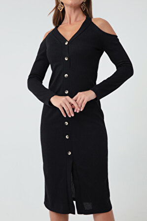 Kadın Siyah Midi Örme Elbise